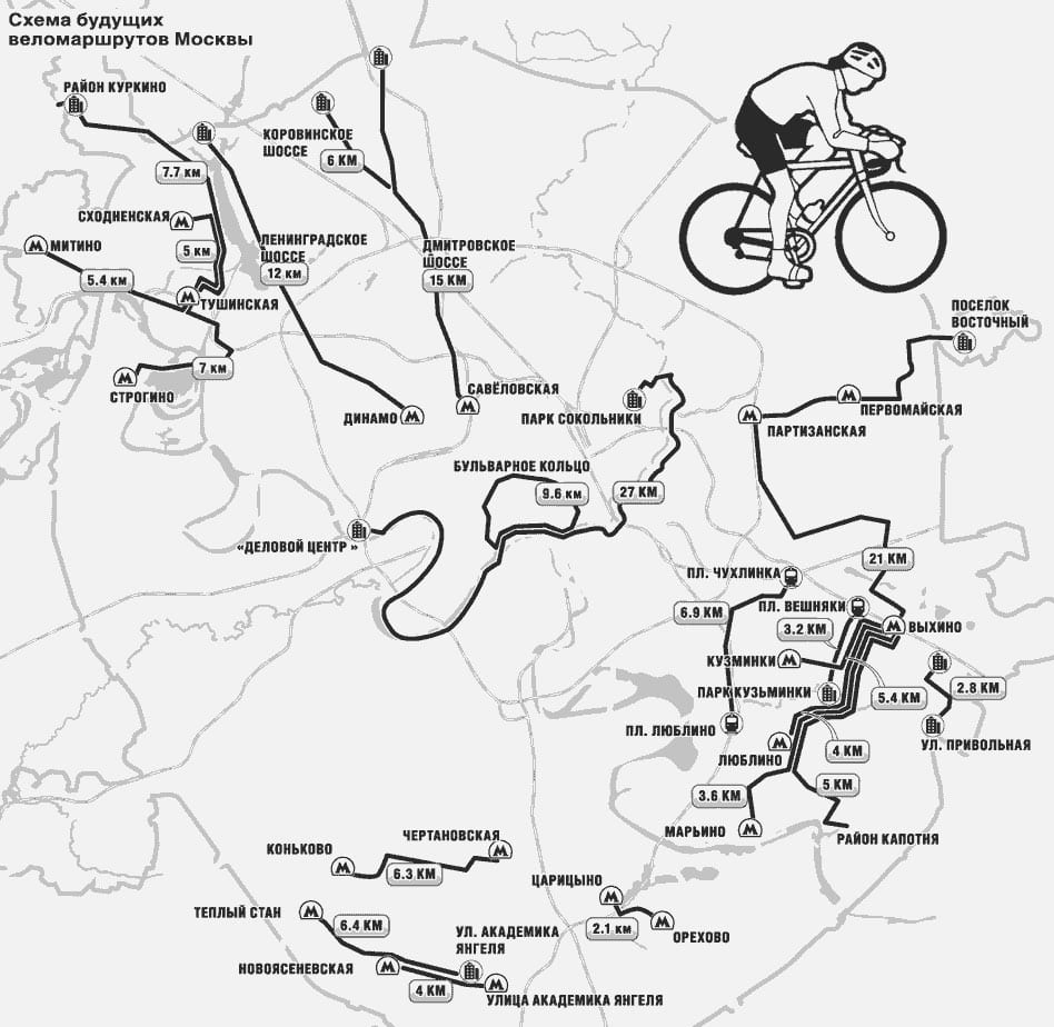 Mappa dei percorsi, delle piste e delle corsie ciclabili di Mosca